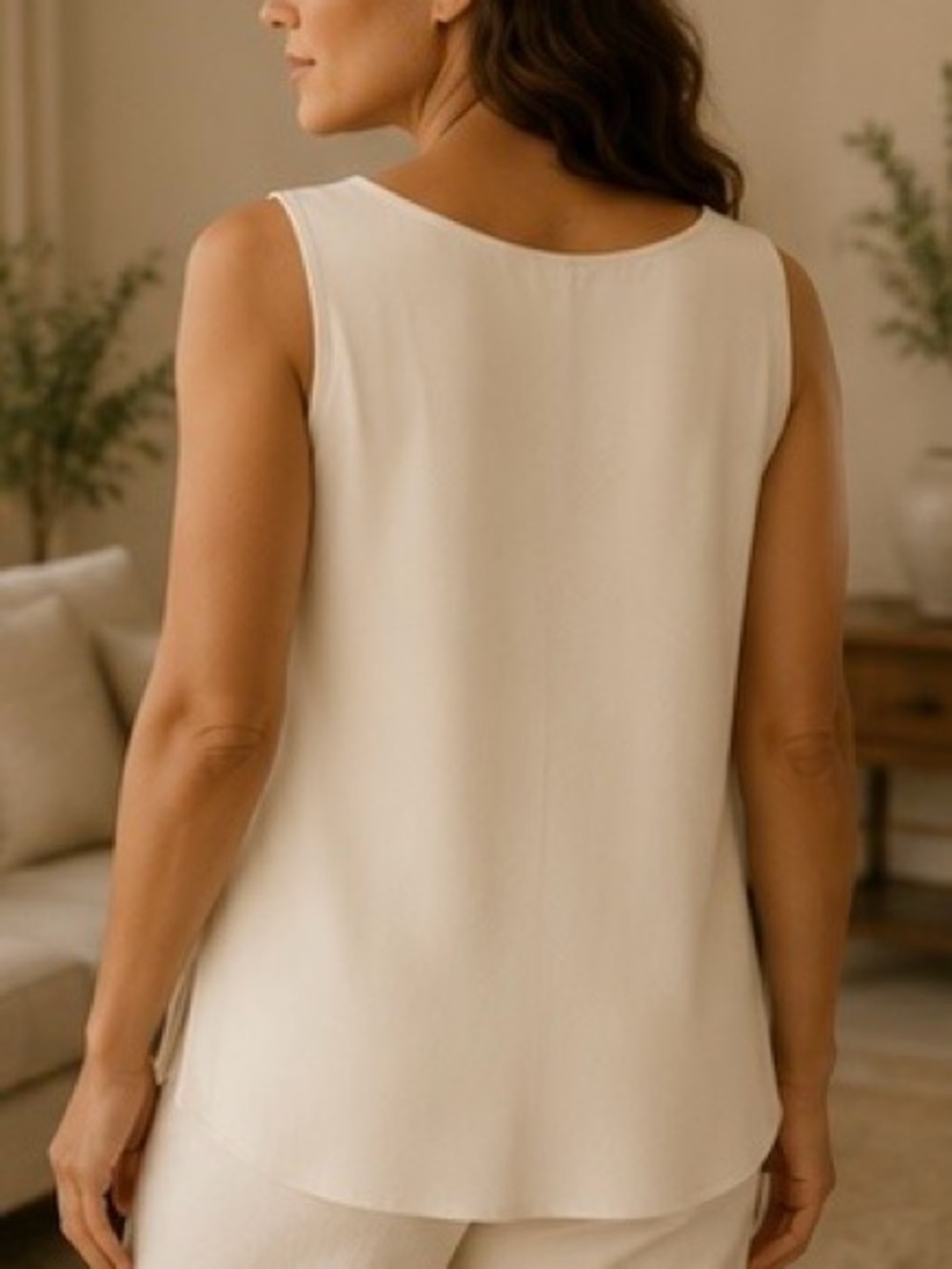 Eileen Fisher 100% Silk Georgette Crepe Shell Tank Top Bone Ivory XL NWT Washabl - Picture 2 of 9